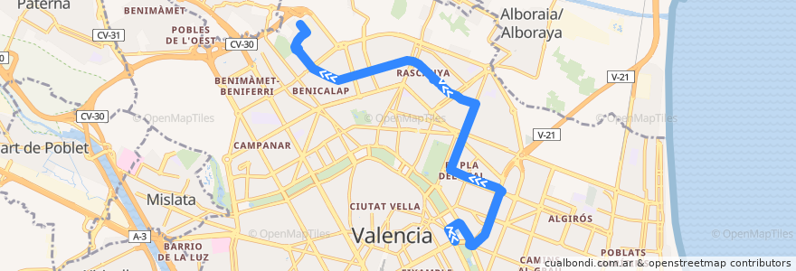 Mapa del recorrido Bus 12: Pl. Amèrica => Ciutat Art. Faller de la línea  en Comarca de València.