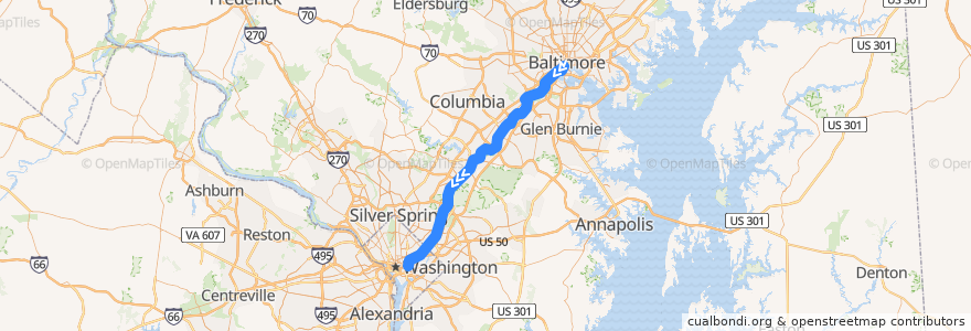 Mapa del recorrido MARC Camden Line: Baltimore => Washington de la línea  en Мэриленд.
