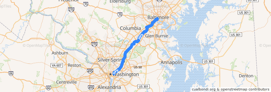 Mapa del recorrido MARC Camden Line: Washington => Baltimore de la línea  en Maryland.