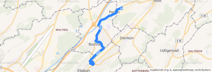 Mapa del recorrido Bus 22: Perlen, Fabrik => Ebikon, Bahnhof de la línea  en Luzern.