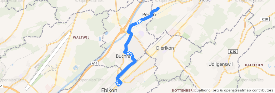 Mapa del recorrido Bus 22: Ebikon, Bahnhof => Perlen, Fabrik de la línea  en Luzern.