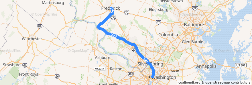 Mapa del recorrido MARC Brunswick Line: Frederick => Washington de la línea  en ماريلاند.