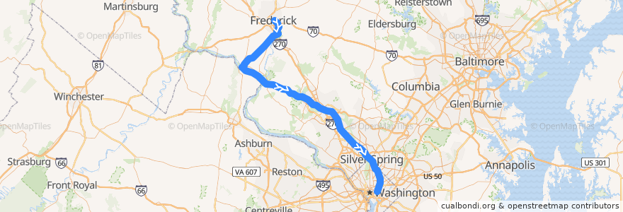 Mapa del recorrido MARC Brunswick Line: Frederick => Washington de la línea  en Maryland.