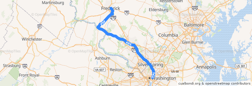 Mapa del recorrido MARC Brunswick Line: Washington => Frederick de la línea  en Maryland.