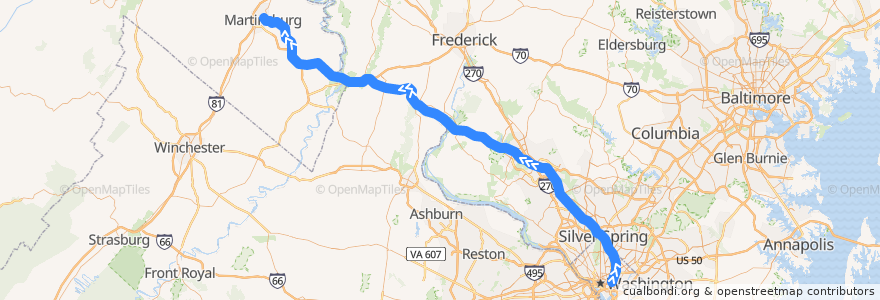 Mapa del recorrido MARC Brunswick Line: Washington => Martinsburg de la línea  en الولايات المتّحدة الأمريكيّة.