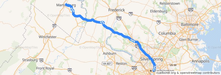 Mapa del recorrido MARC Brunswick Line: Washington => Martinsburg de la línea  en ایالات متحده آمریکا.