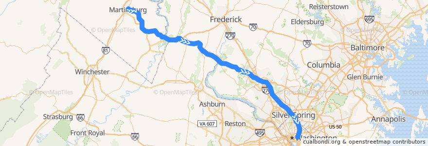 Mapa del recorrido MARC Brunswick Line: Martinsburg => Washington de la línea  en Amerika Syarikat.