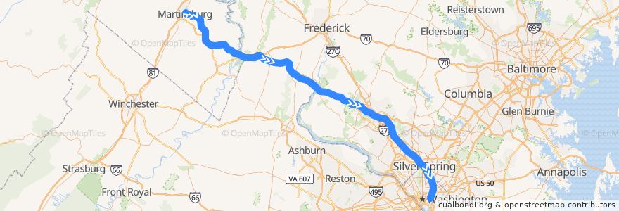 Mapa del recorrido MARC Brunswick Line: Martinsburg => Washington de la línea  en ایالات متحده آمریکا.