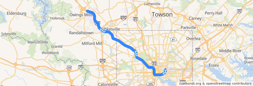 Mapa del recorrido Baltimore Metro SubwayLink: Johns Hopkins → Owings Mills de la línea  en Maryland.