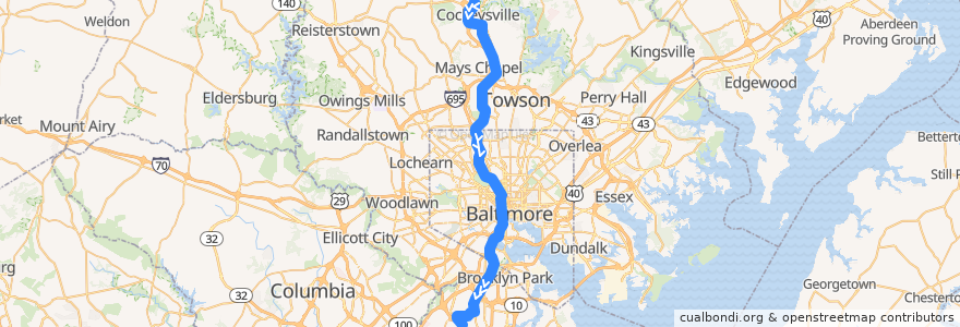 Mapa del recorrido Baltimore Light RailLink: Hunt Valley → BWI Airport de la línea  en Maryland.
