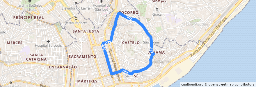 Mapa del recorrido 12E: Praça da Figueira → Praça da Figueira de la línea  en Santa Maria Maior.