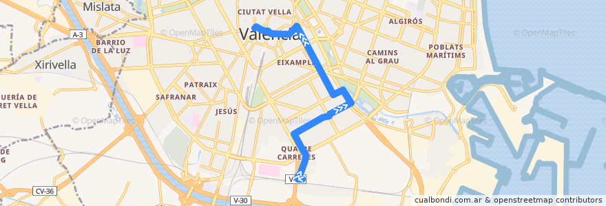 Mapa del recorrido Bus 13: Av. de l'Oest => La Fonteta/C.Arts i Ciencies de la línea  en Comarca de València.