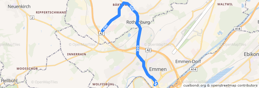 Mapa del recorrido Bus 46: Emmenbrücke, Bahnhof Süd => Rothenburg, Wahligen (via Emmenbaum) de la línea  en Lucerne.