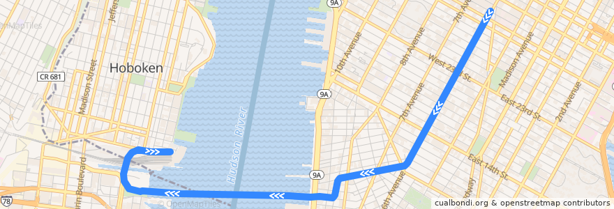 Mapa del recorrido PATH: 33rd Street → Hoboken de la línea  en الولايات المتّحدة الأمريكيّة.