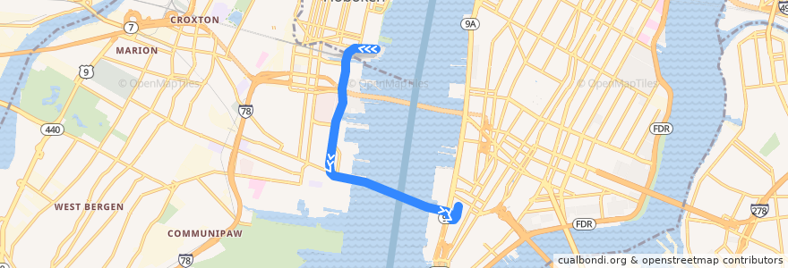 Mapa del recorrido PATH: Hoboken → WTC de la línea  en الولايات المتّحدة الأمريكيّة.