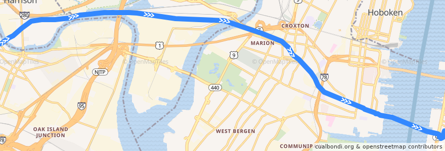 Mapa del recorrido PATH: Newark → WTC de la línea  en Hudson County.