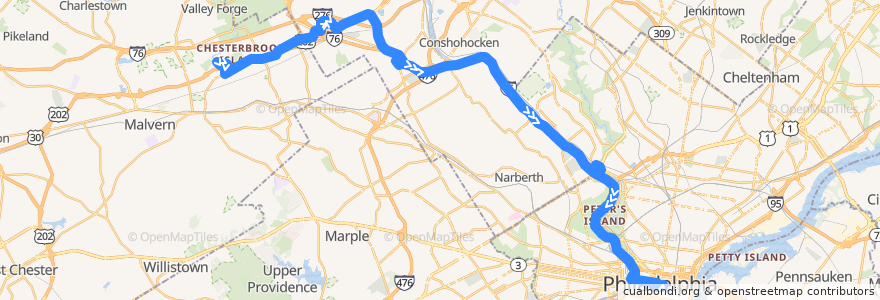 Mapa del recorrido SEPTA 124 (Chesterbrook and King of Prussia to 13th-Market) de la línea  en Pensilvânia.