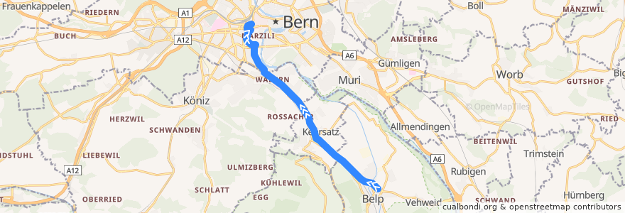 Mapa del recorrido Bus M5: Belp => Bern Bahnhof de la línea  en Arrondissement administratif de Berne-Mittelland.