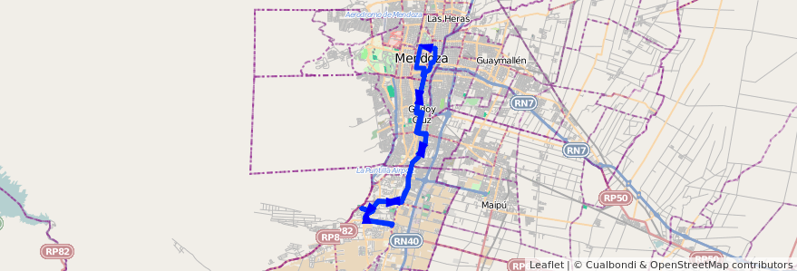 Mapa del recorrido 15 - Bº Los Castaños-Cervantes-Bº Los Castaños (solo horario nocturno) de la línea G01 en Mendoza.