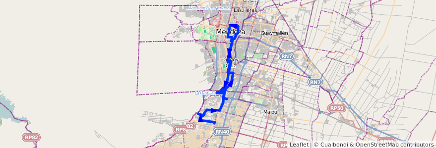 Mapa del recorrido 15 - Bº Los Castaños - Cervantes - Flor de Cuyo de la línea G01 en Mendoza.