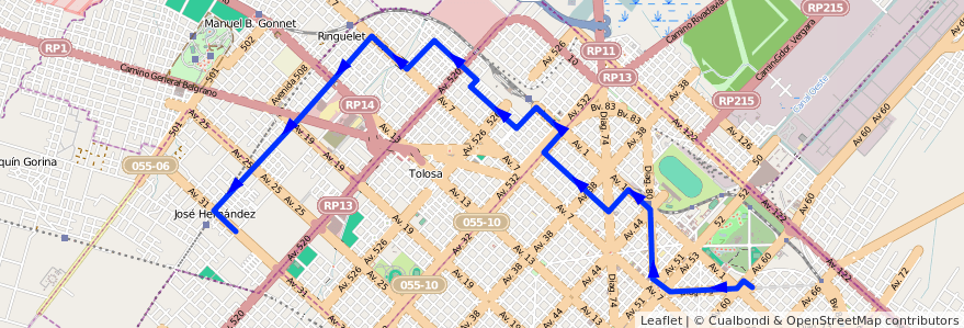 Mapa del recorrido 15 de la línea Norte en Partido de La Plata.