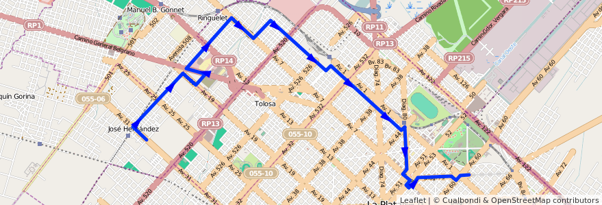 Mapa del recorrido 15 de la línea Norte en Partido de La Plata.