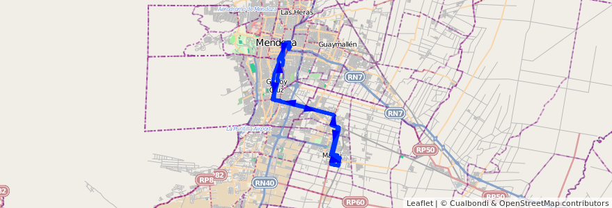 Mapa del recorrido 151 - Maipú - Mendoza Por Puente Olive de la línea G09 en メンドーサ州.