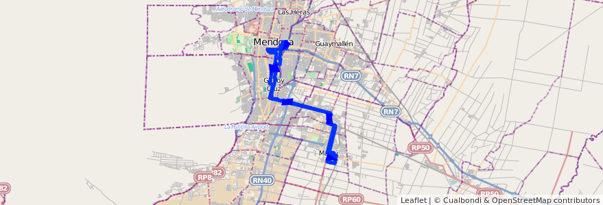 Mapa del recorrido 151 - Maipú - Mendoza - Puente Olive - Casa De Gobierno de la línea G09 en 门多萨省.