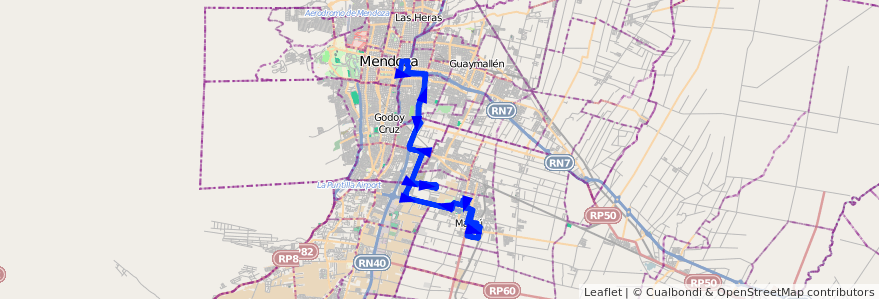 Mapa del recorrido 152 - Maipú - Mendoza por Terrada - Acceso Sur de la línea G09 en Mendoza.