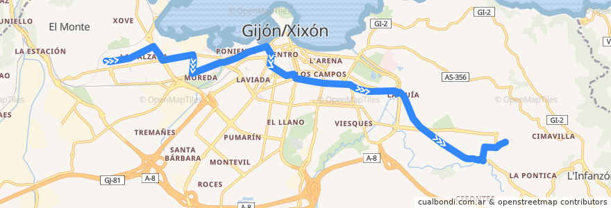 Mapa del recorrido Linea 1 Cerilleru - Hospital de Cabueñes de la línea  en Gijón / Xixón.