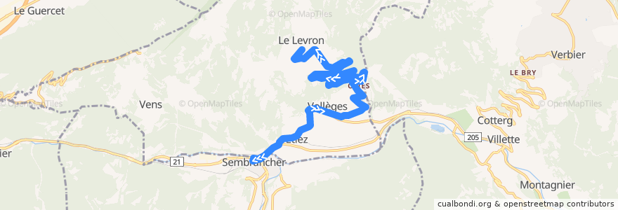 Mapa del recorrido Bus Sembrancher <-> Levron de la línea  en Val de Bagnes.