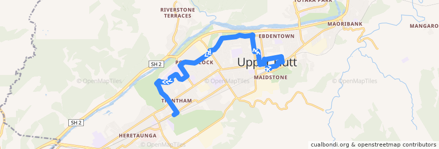 Mapa del recorrido Bus 114: Upper Hutt => Elderslea => Trentham de la línea  en Upper Hutt City.