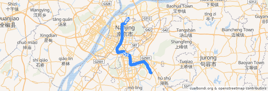 Mapa del recorrido 南京地铁1号线: 迈皋桥 => 中国药科大学 de la línea  en Nanjing City.