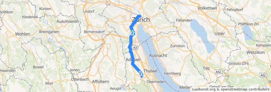 Mapa del recorrido S4: Langnau-Gattikon –> Zürich HB de la línea  en Zürich.