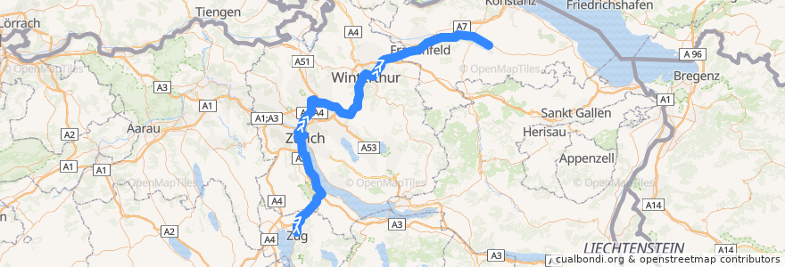 Mapa del recorrido S24: Zug –> Weinfelden de la línea  en Schweiz/Suisse/Svizzera/Svizra.