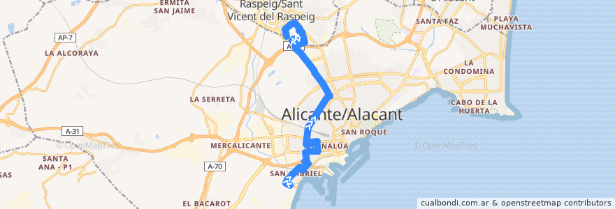 Mapa del recorrido 36: San Gabriel ⇒ Universidad de la línea  en Alacant / Alicante.