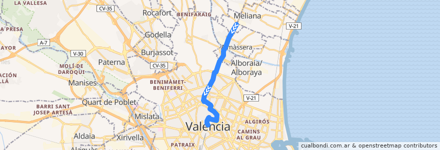 Mapa del recorrido Bus 16: Vinalesa => Pl. de l'Ajuntament de la línea  en València / Valencia.