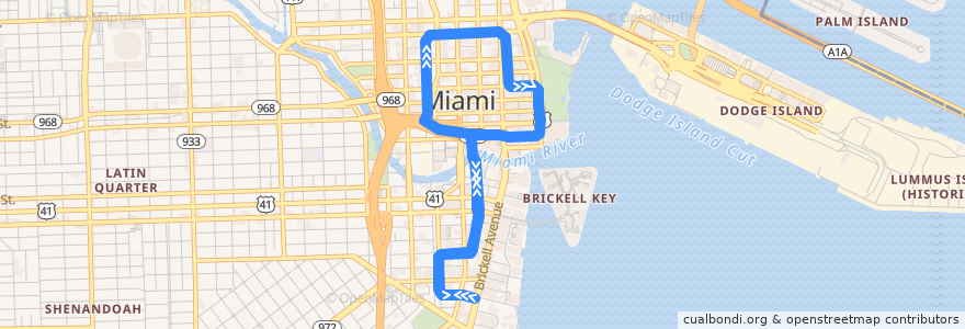 Mapa del recorrido MDT Brickell Loop de la línea  en Miami.