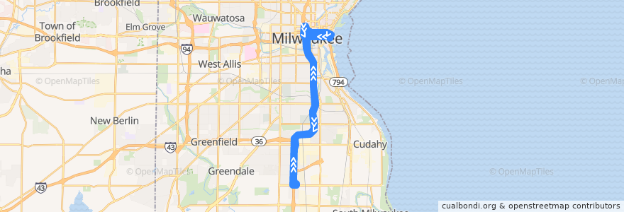 Mapa del recorrido MCTS 40 College Avenue Flyer de la línea  en Milwaukee.