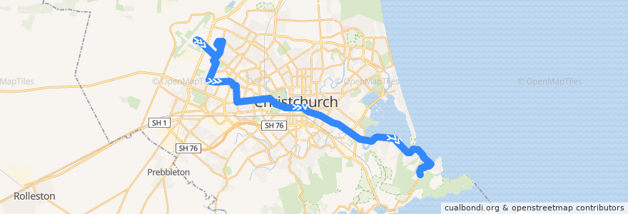 Mapa del recorrido Purple Line (Airport-Sumner) de la línea  en Christchurch.