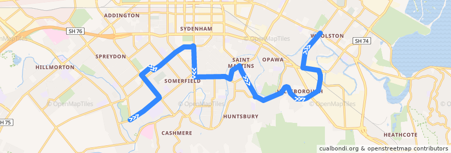 Mapa del recorrido Woolston Cashmere School de la línea  en Christchurch.