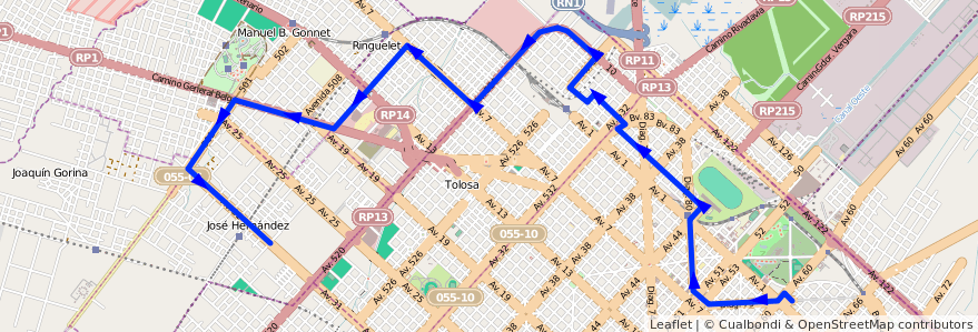 Mapa del recorrido 16 de la línea Norte en Partido de La Plata.