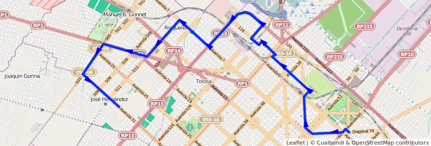 Mapa del recorrido 16 de la línea Norte en Partido de La Plata.