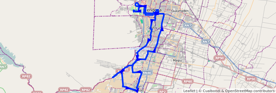 Mapa del recorrido 16 - SERVICIO LUJÁN - UNC - SANTA ELENA de la línea G01 en 门多萨省.