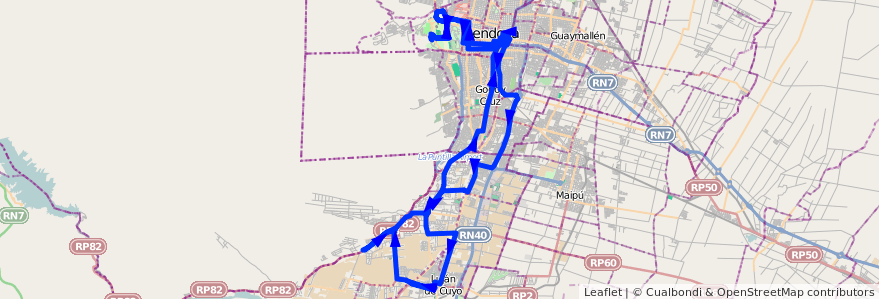 Mapa del recorrido 16 - SERVICIO SANTA ELENA - UNC - LUJÁN de la línea G01 en Mendoza.