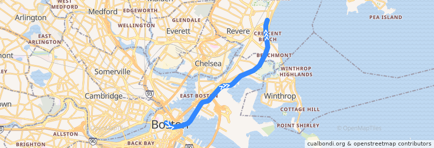 Mapa del recorrido MBTA Blue Line: Bowdoin → Wonderland de la línea  en مقاطعة سوفولك.