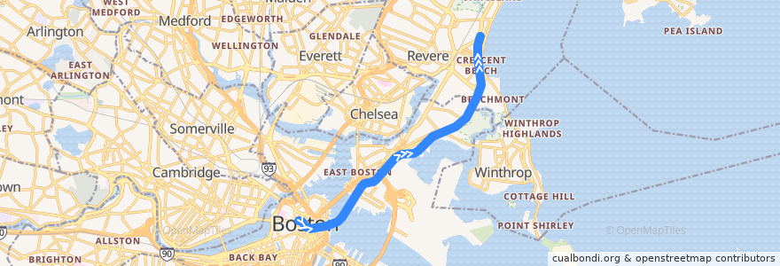 Mapa del recorrido MBTA Blue Line: Bowdoin → Wonderland de la línea  en Suffolk County.