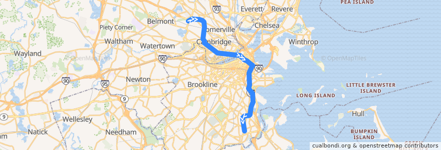 Mapa del recorrido MBTA Red Line: Alewife → Ashmont de la línea  en Massachusetts.