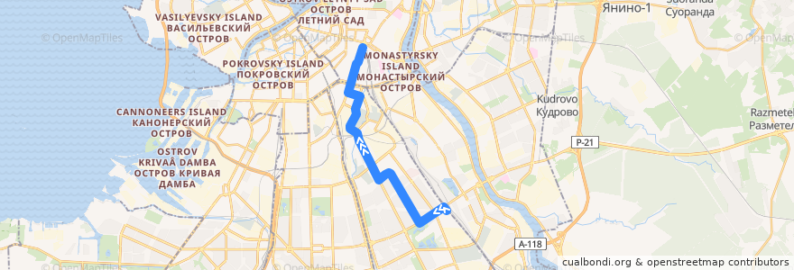 Mapa del recorrido Автобус № 76: ж/д станция «Сортировочная» => Московский вокзал de la línea  en Фрунзенский район.