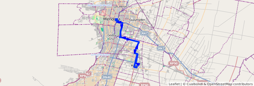 Mapa del recorrido 161 - Expreso de la línea G07 en Mendoza.